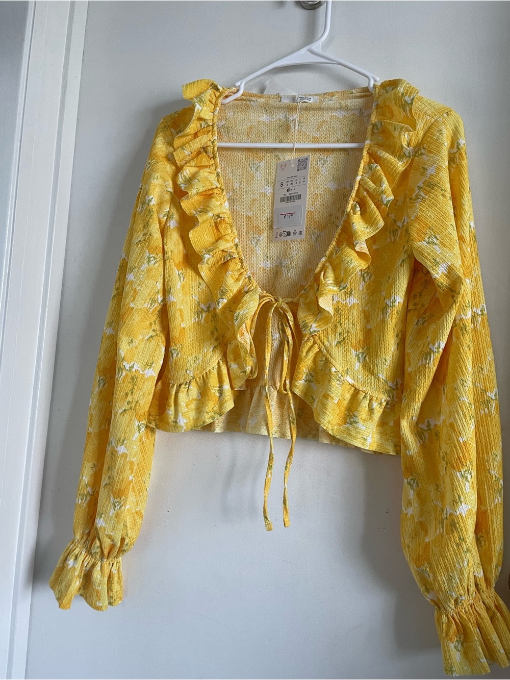 Zara Yellow Floral Ruffle Tie-Front Blouse